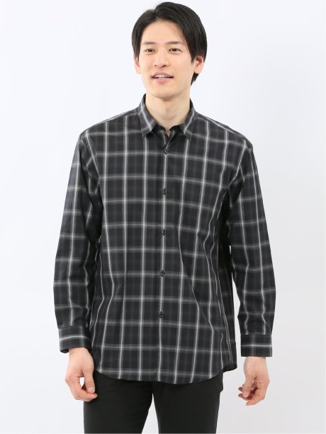 ストレッチ 綿チェック レギュラーカラー 長袖 シャツ