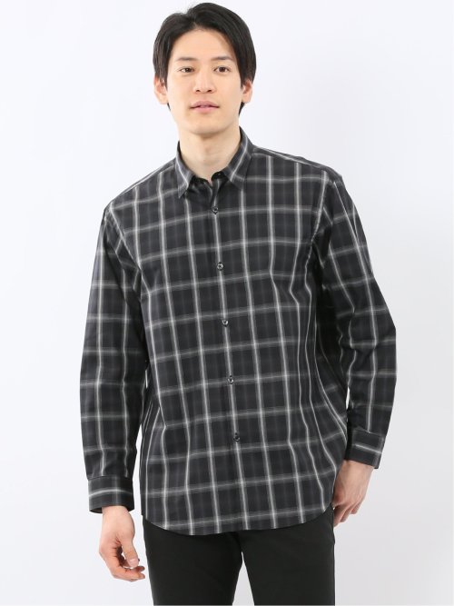 ストレッチ 綿チェック レギュラーカラー 長袖 シャツ
