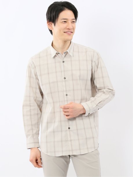ストレッチ 綿チェック レギュラーカラー 長袖 シャツ