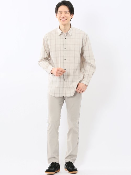 ストレッチ 綿チェック レギュラーカラー 長袖 シャツ