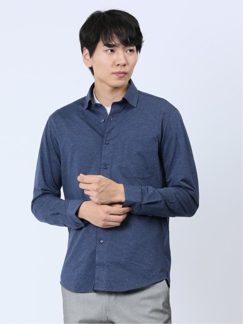綿ストレッチ ショートワイドカラー長袖シャツ(M 75紺): トップス 