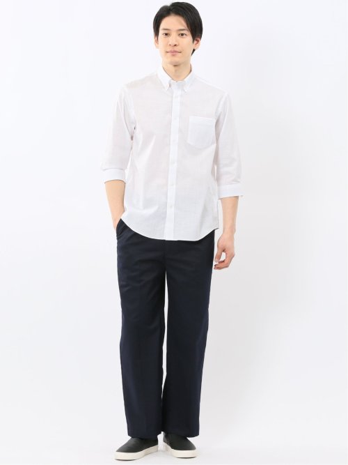 ストレッチ 綿スラブ ボタンダウン 7分袖 シャツ