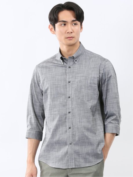 ストレッチ 綿スラブ ボタンダウン 7分袖 シャツ