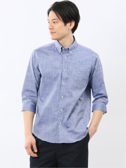 ストレッチ 綿スラブ ボタンダウン 7分袖 シャツ