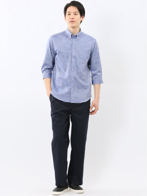 ストレッチ 綿スラブ ボタンダウン 7分袖 シャツ