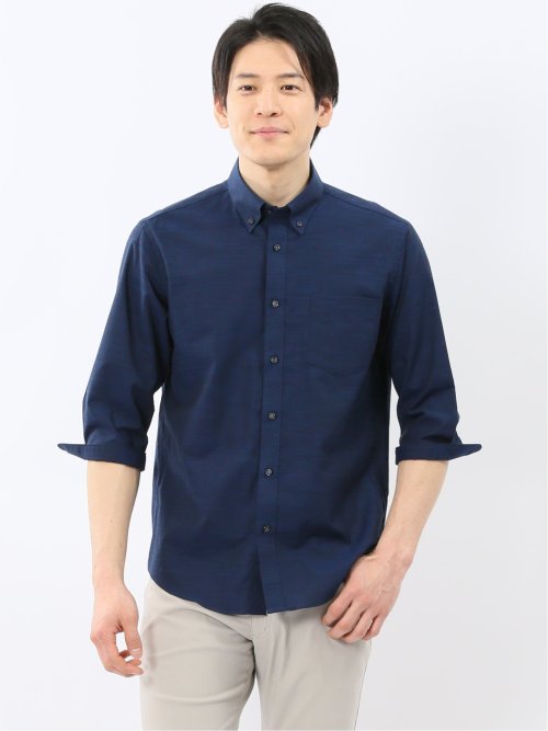 ストレッチ 綿スラブ ボタンダウン 7分袖 シャツ