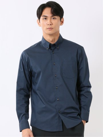 シャツ 長袖 メンズ ストレッチ 綿混 ブロード ボタンダウン プリント 総柄 ダイヤ