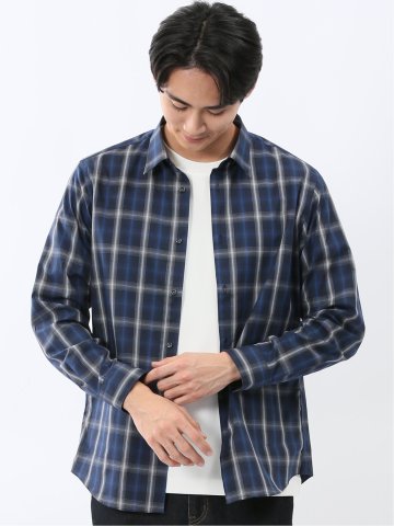 ストレッチ 綿チェック ボタンダウン長袖シャツ