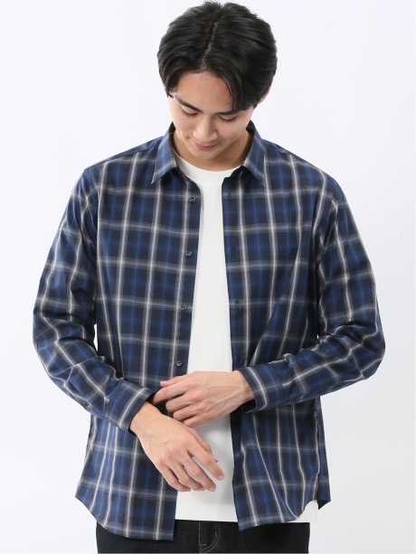 ストレッチ 綿チェック レギュラーカラー 長袖 シャツ