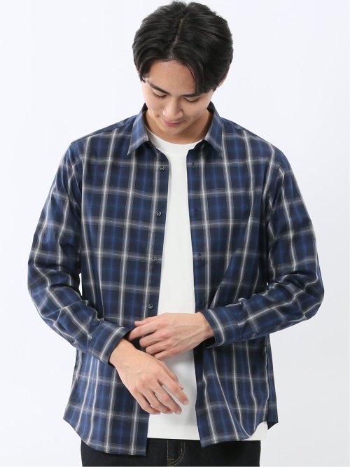 ストレッチ 綿チェック ボタンダウン長袖シャツ