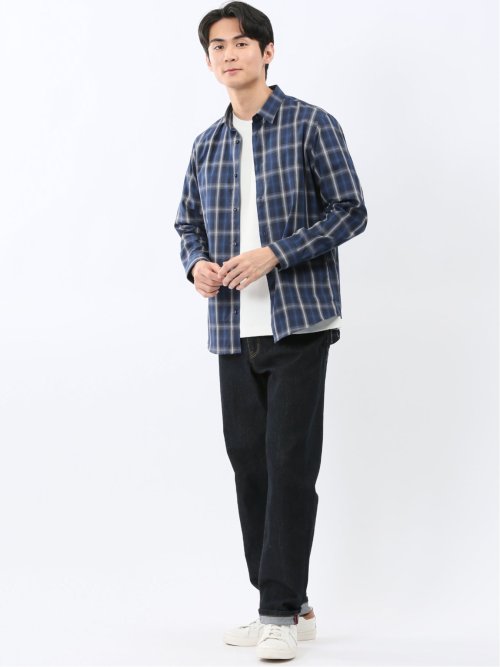 ストレッチ 綿チェック ボタンダウン長袖シャツ