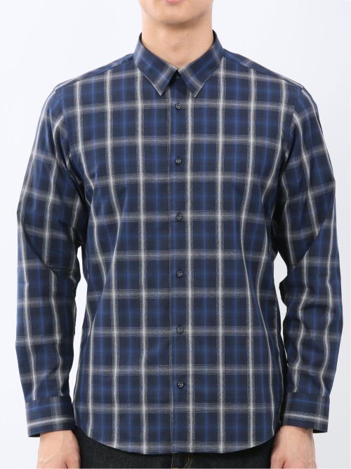 ストレッチ 綿チェック ボタンダウン長袖シャツ