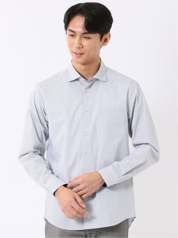 シャツ 長袖 メンズ ストレッチ 綿混 ブロード ワイドカラー プリント 総柄 小紋