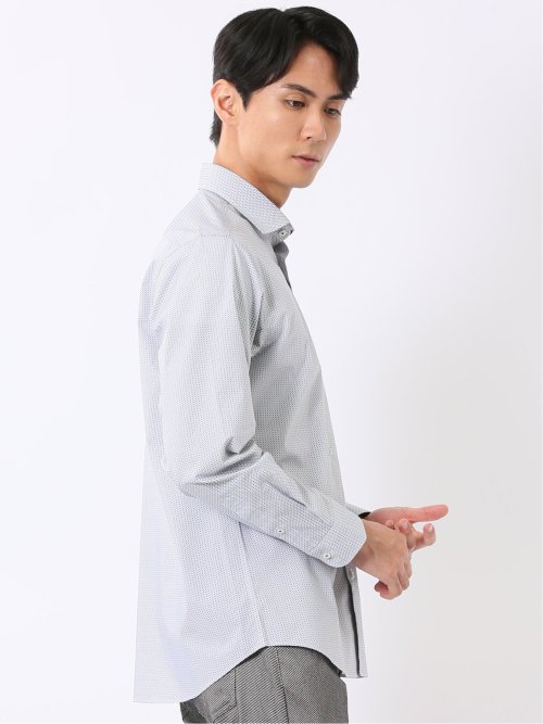 シャツ 長袖 メンズ ストレッチ 綿混 ブロード ワイドカラー プリント 総柄 小紋