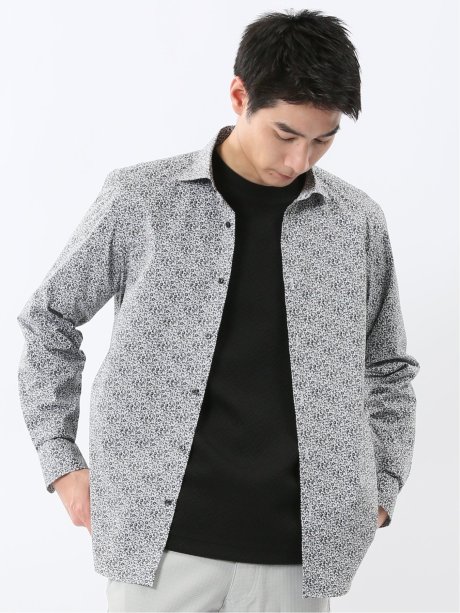 ストレッチ プリント ワイドカラー長袖シャツ