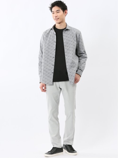 ストレッチ プリント ワイドカラー長袖シャツ