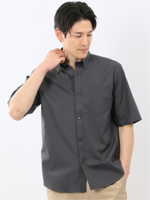 半袖シャツ　コットン100 モニーレン ストレッチ 綿 ツイル ボタンダウン 半袖 シャツ(M 06グレー