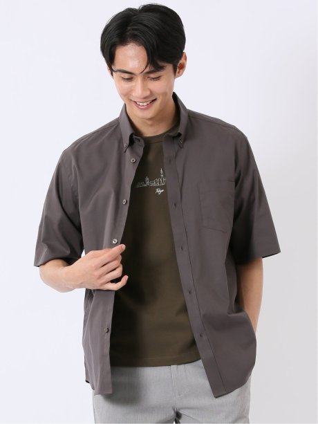 ストレッチ 綿 ツイル ボタンダウン 半袖 シャツ