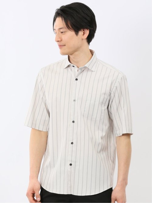 ストレッチ 綿 ツイル ストライプ ワイドカラー 半袖シャツ