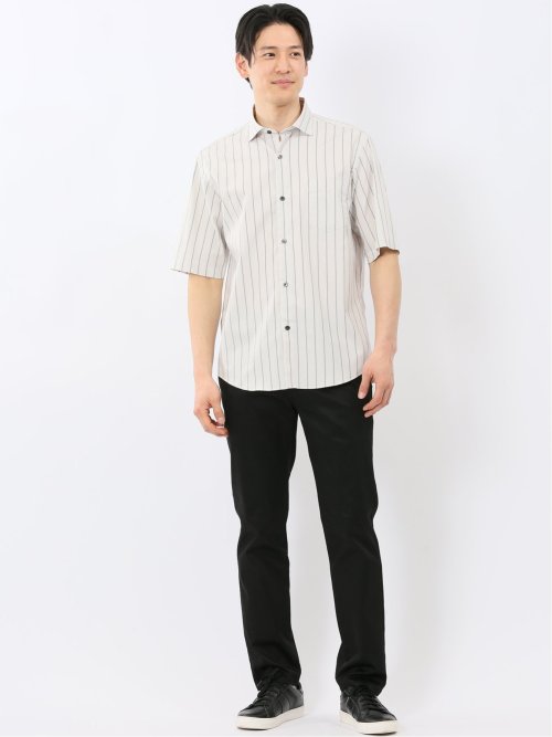 ストレッチ 綿 ツイル ストライプ ワイドカラー 半袖シャツ