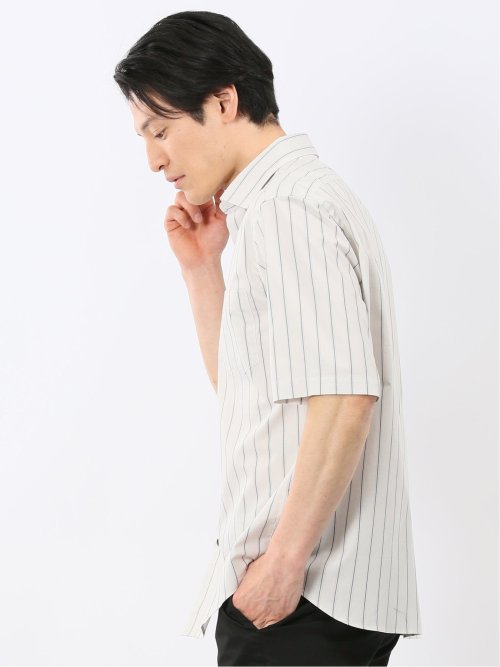 ストレッチ 綿 ツイル ストライプ ワイドカラー 半袖シャツ