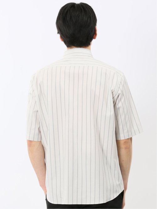 ストレッチ 綿 ツイル ストライプ ワイドカラー 半袖シャツ