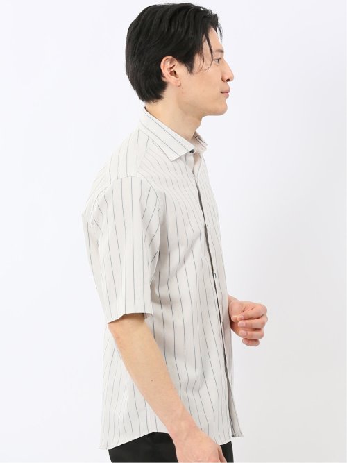 ストレッチ 綿 ツイル ストライプ ワイドカラー 半袖シャツ