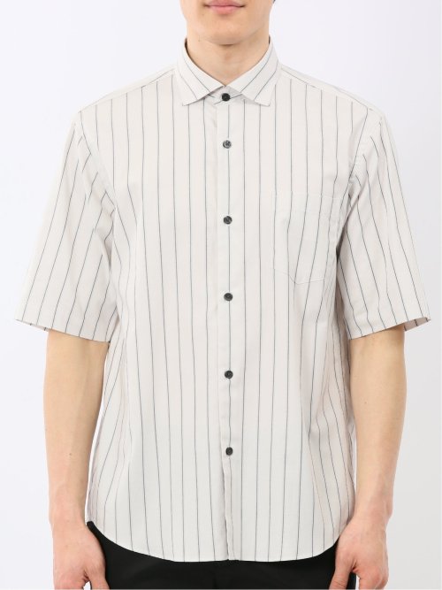 ストレッチ 綿 ツイル ストライプ ワイドカラー 半袖シャツ