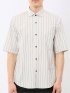 ストレッチ 綿 ツイル ストライプ ワイドカラー 半袖シャツ