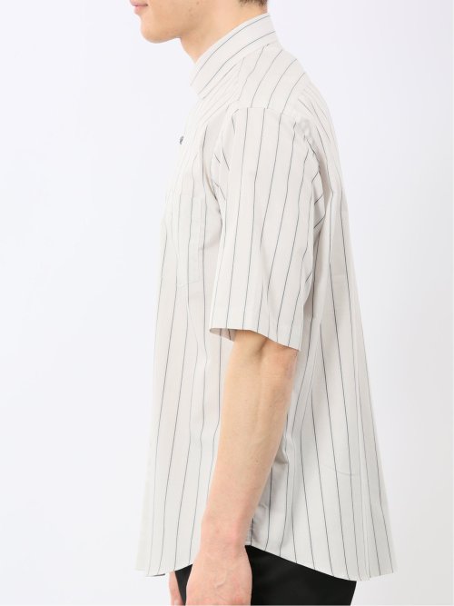 ストレッチ 綿 ツイル ストライプ ワイドカラー 半袖シャツ