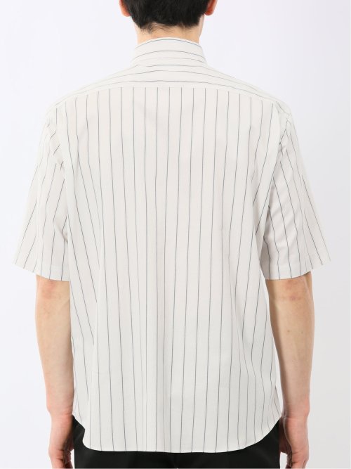 ストレッチ 綿 ツイル ストライプ ワイドカラー 半袖シャツ