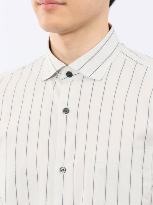 ストレッチ 綿 ツイル ストライプ ワイドカラー 半袖シャツ