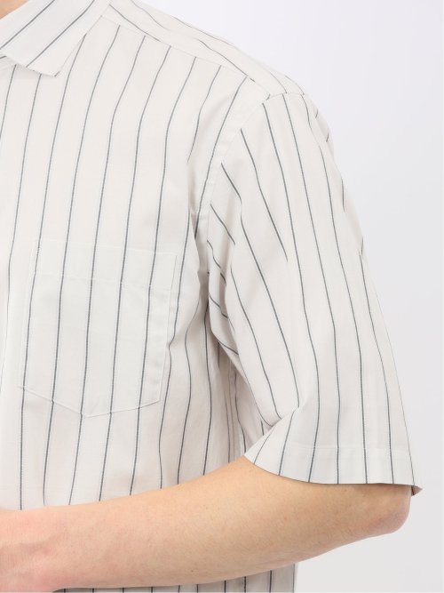 ストレッチ 綿 ツイル ストライプ ワイドカラー 半袖シャツ
