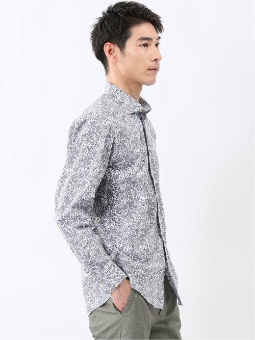 ストレッチ プリント ワイドカラー長袖シャツ