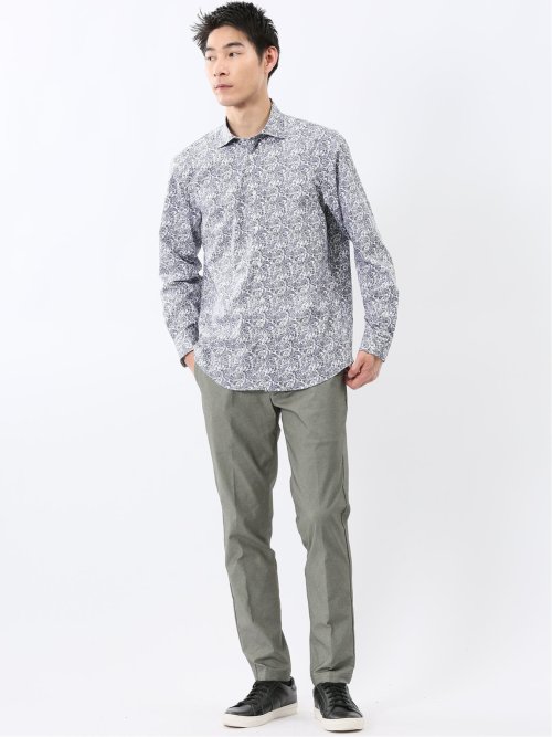 ストレッチ プリント ワイドカラー長袖シャツ