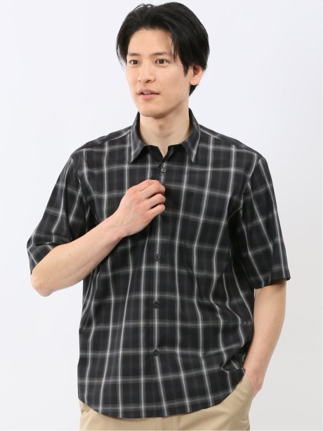 ストレッチ 綿 ブロード チェック レギュラーカラー 半袖 シャツ