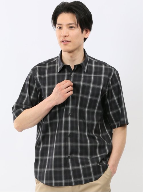 ストレッチ 綿 ブロード チェック レギュラーカラー 半袖 シャツ
