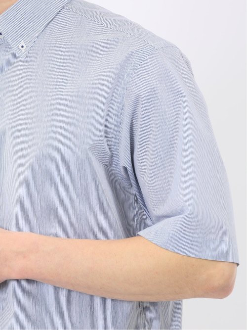 ストレッチ 綿混 ブロード ストライプ ボタンダウン 半袖 シャツ