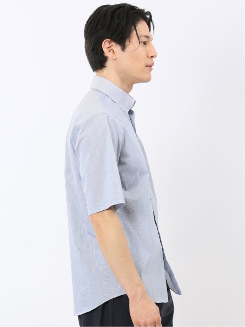 ストレッチ 綿混 ブロード ストライプ ボタンダウン 半袖 シャツ