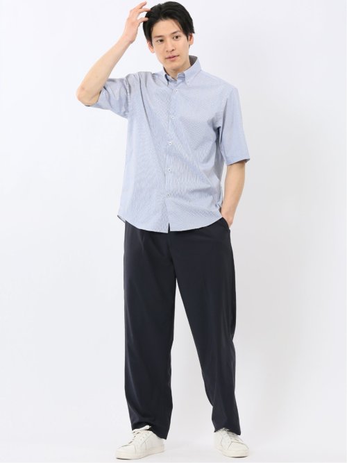 ストレッチ 綿混 ブロード ストライプ ボタンダウン 半袖 シャツ