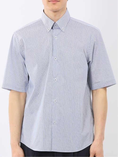 ストレッチ 綿混 ブロード ストライプ ボタンダウン 半袖 シャツ