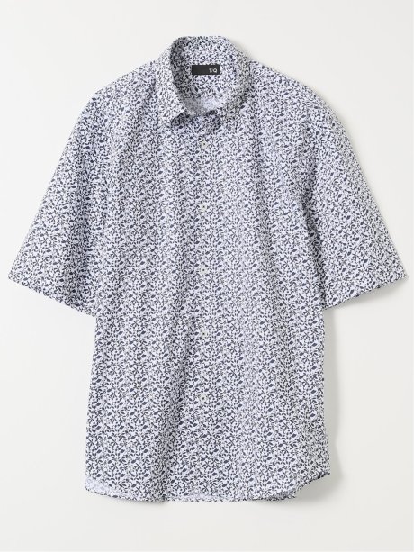 ストレッチ 綿混 ブロード リーフ レギュラーカラー 半袖 シャツ