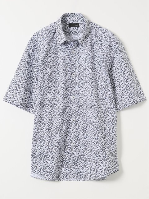 ストレッチ 綿混 ブロード リーフ レギュラーカラー 半袖 シャツ