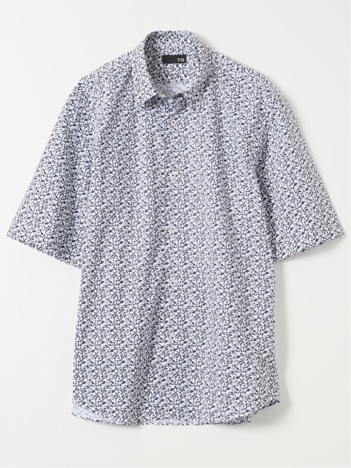 ストレッチ 綿混 ブロード リーフ レギュラーカラー 半袖 シャツ