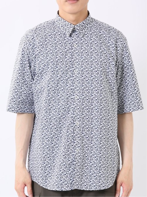 ストレッチ 綿混 ブロード リーフ ややゆったり レギュラーカラー 半袖 シャツ メンズ