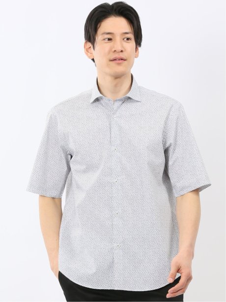 ストレッチ 綿混 ブロード 小花 ワイドカラー 半袖 シャツ