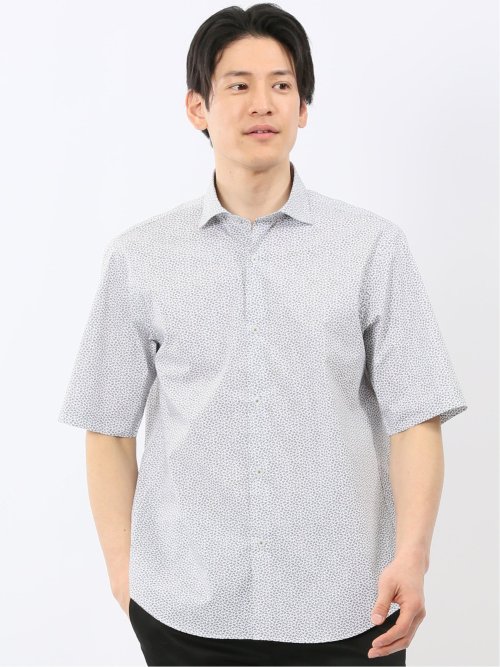 ストレッチ 綿混 ブロード 小花 ワイドカラー 半袖 シャツ