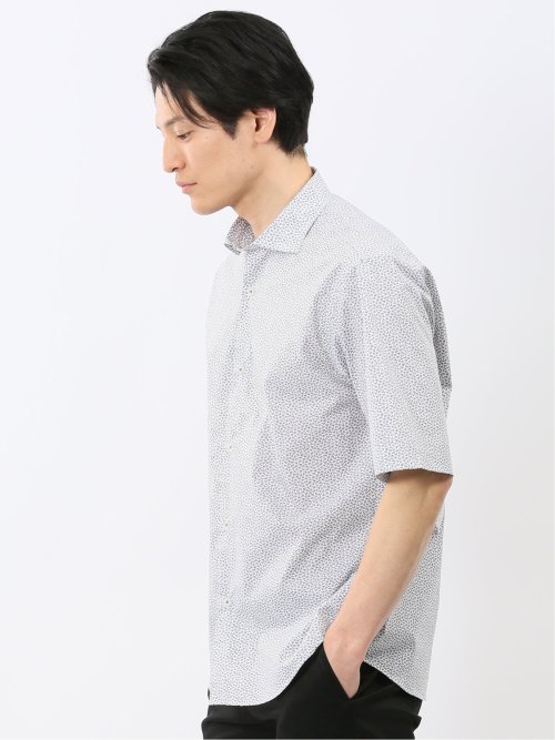 ストレッチ 綿混 ブロード 小花 ワイドカラー 半袖 シャツ
