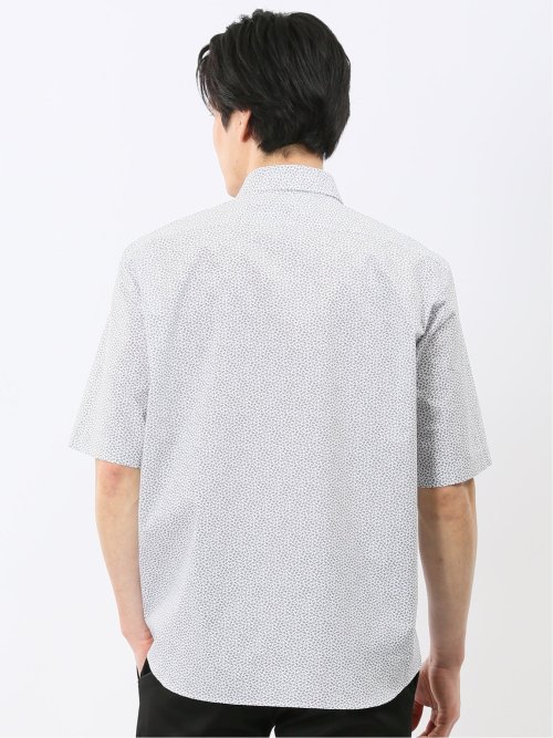 ストレッチ 綿混 ブロード 小花 ワイドカラー 半袖 シャツ