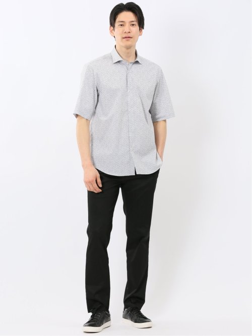 ストレッチ 綿混 ブロード 小花 ワイドカラー 半袖 シャツ